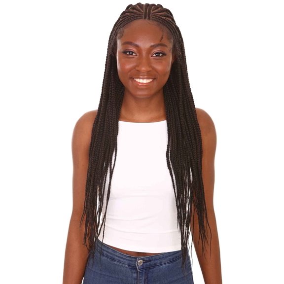 LUXLUXE Viola Straight 31 Inch Long 13X5 Hand-Tied Lace Braided Wig, Heat Resistant Fiber Natural Black,
