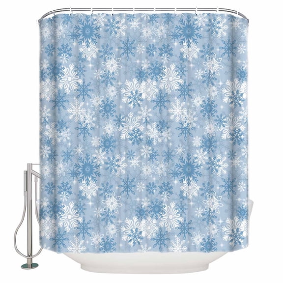 Extra Long Shower Curtain 72x96 Inch, Blue Snowflake Shower Curtain Waterproof Bathroom Decor Christmas Snowflake Blue White Fabric Bath Curtain Set Accessories with Hooks