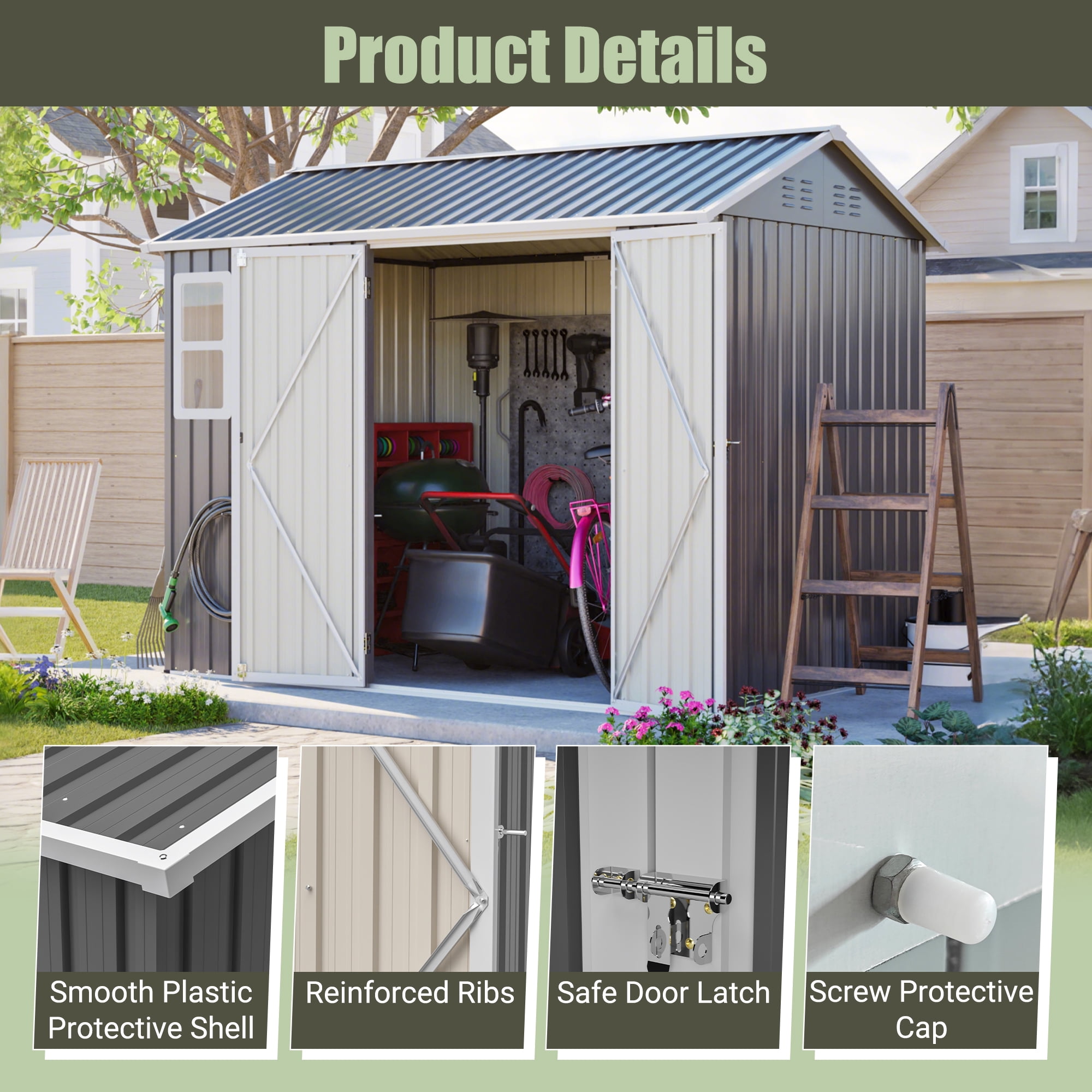 LZBEITEM 8' x 6' Outdoor Storage Shed with Window & Lockable Doors, Metal Garden Tool Shed with 4 Air Vents & Ground Nails, Waterproof Backyard Storage House for Patio Lawn, Gray