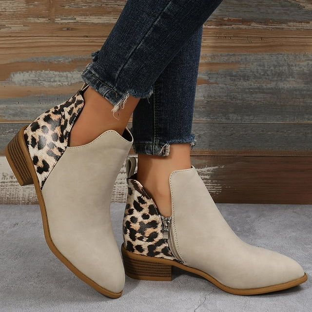 EGNMCR Bottines pour Femmes Chaussures Décontractées Léopard Talon Épais Bottes Rondes Fermeture Éclair Latérale