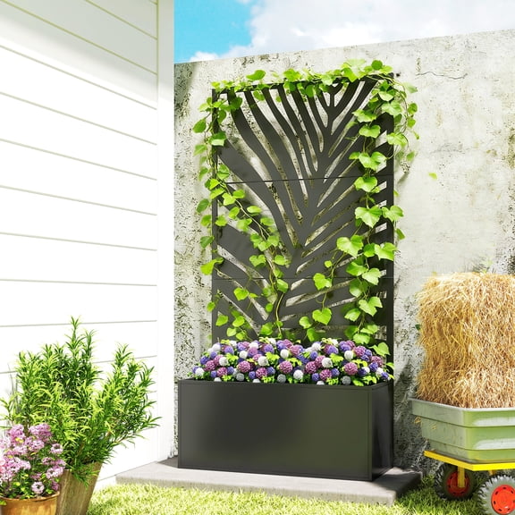 Outsunny Metal Planter Box with Trellis, Raised Garden Bed with Privacy Screen for Climbing Plants, Leaf Cut-Out Privacy Planter