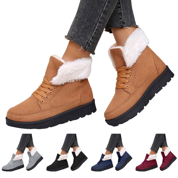 Pandaie Winter Snow Boots for Women Warm Cotton Fleece Lined Ankle Booties Lace up Slip on Outdoor Platform Walking Shoes Black 6.5