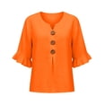 thumbnail image 4 of Only Moment Lightweight Soft Casual Shirts for Women 3/4 Sleeve V Neck Ruffle Sleeves Cotton and Linen Casual Loose Long Sleeve Solid Lapel Long Blouses Tops with Pockets Orange,S, 4 of 9
