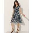 thumbnail image 3 of Vestido De Volantes Fruncidos Con Cuello En V Y Mangas Con Volantes Florales Para Mujer Azul Oscuro Blanco XS, 3 of 5
