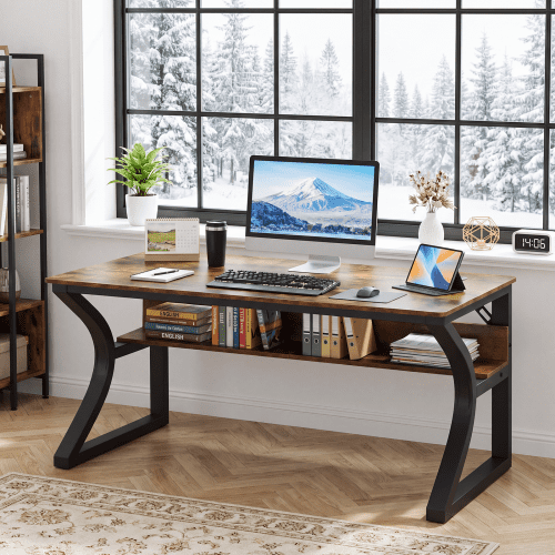 47-Inch Computer Desk with Storage, Sturdy U-Shaped Metal Frame Home Office Study Table, Rustic Brown