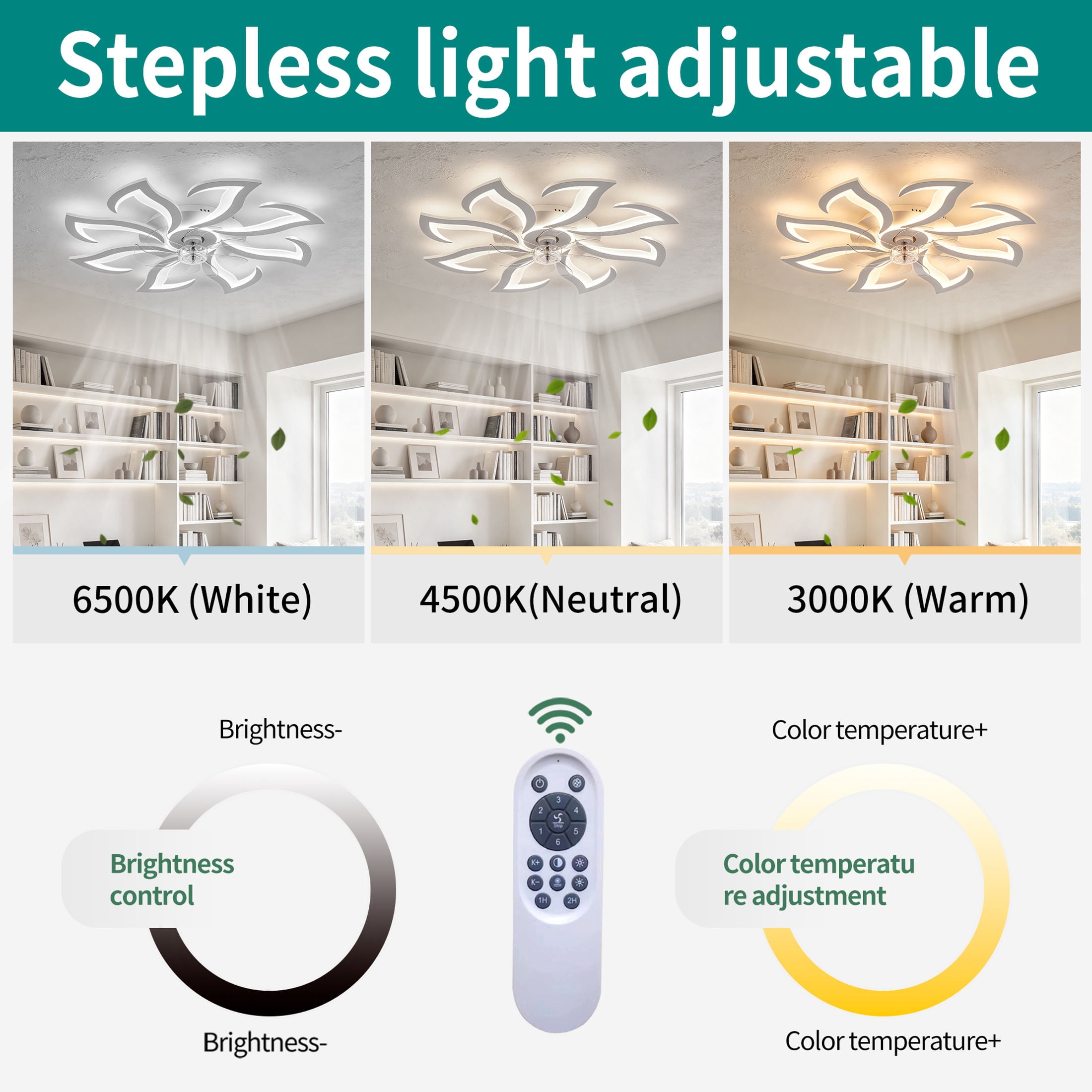 GDF Studio 8-Head Flower Modern Ceiling Fan with LED Lights & Remote Control, Low Profile Flush Mount Fandelier, White