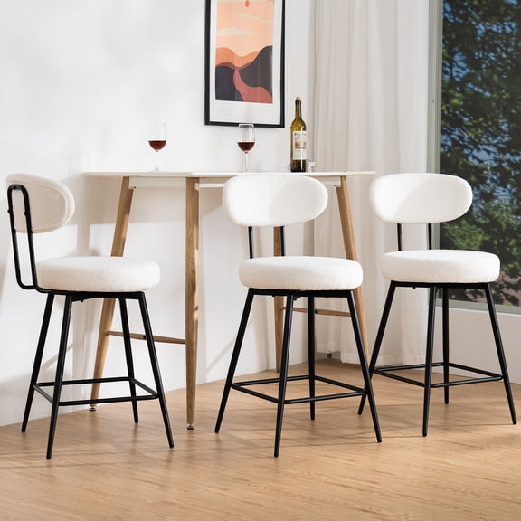 Hommpa 26" Swivel Barstools Set of 3 Counter Height Bar Stools with Back & Footrest Modern Boucle Bar Chairs for Kitchen Island