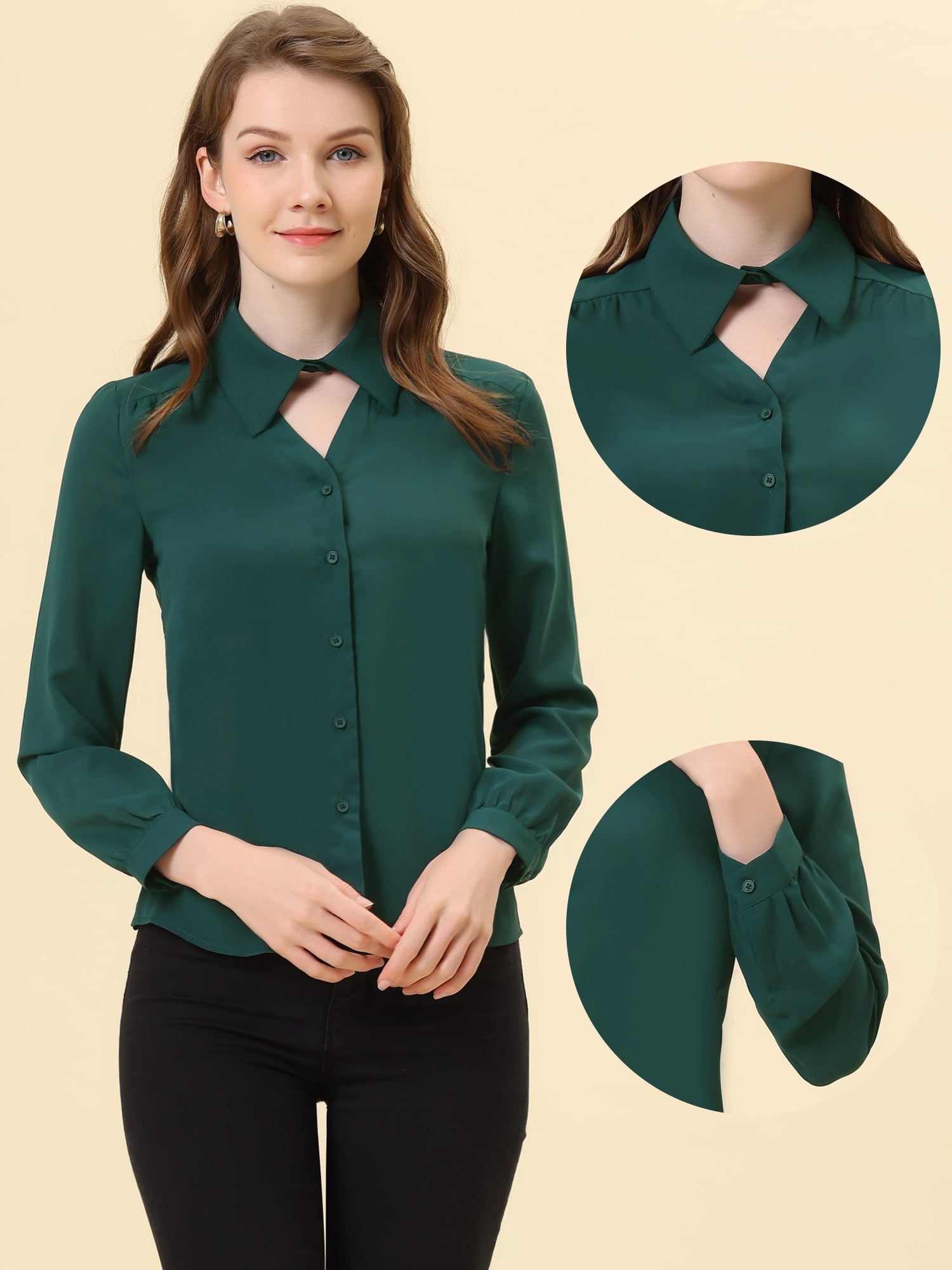 DARING DIVA Women's Choker Neck Blouse Turn Down Collar Work Shirt M Green