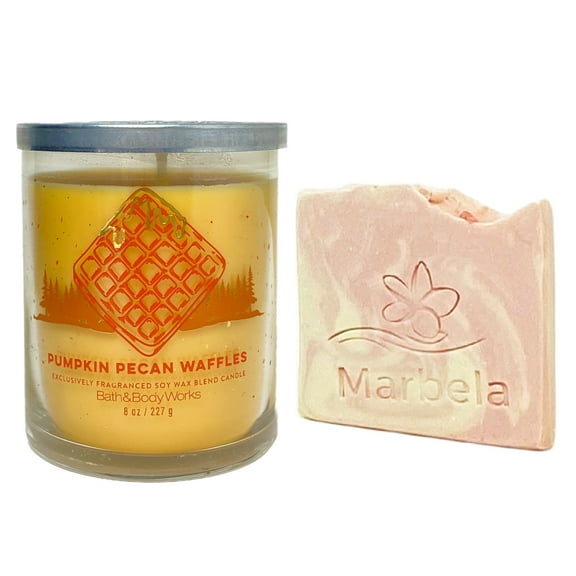 Bath & Body Works Pumpkin Pecan Waffles Single Wick Candle with a Himalayan Salts Springs Sample Soap