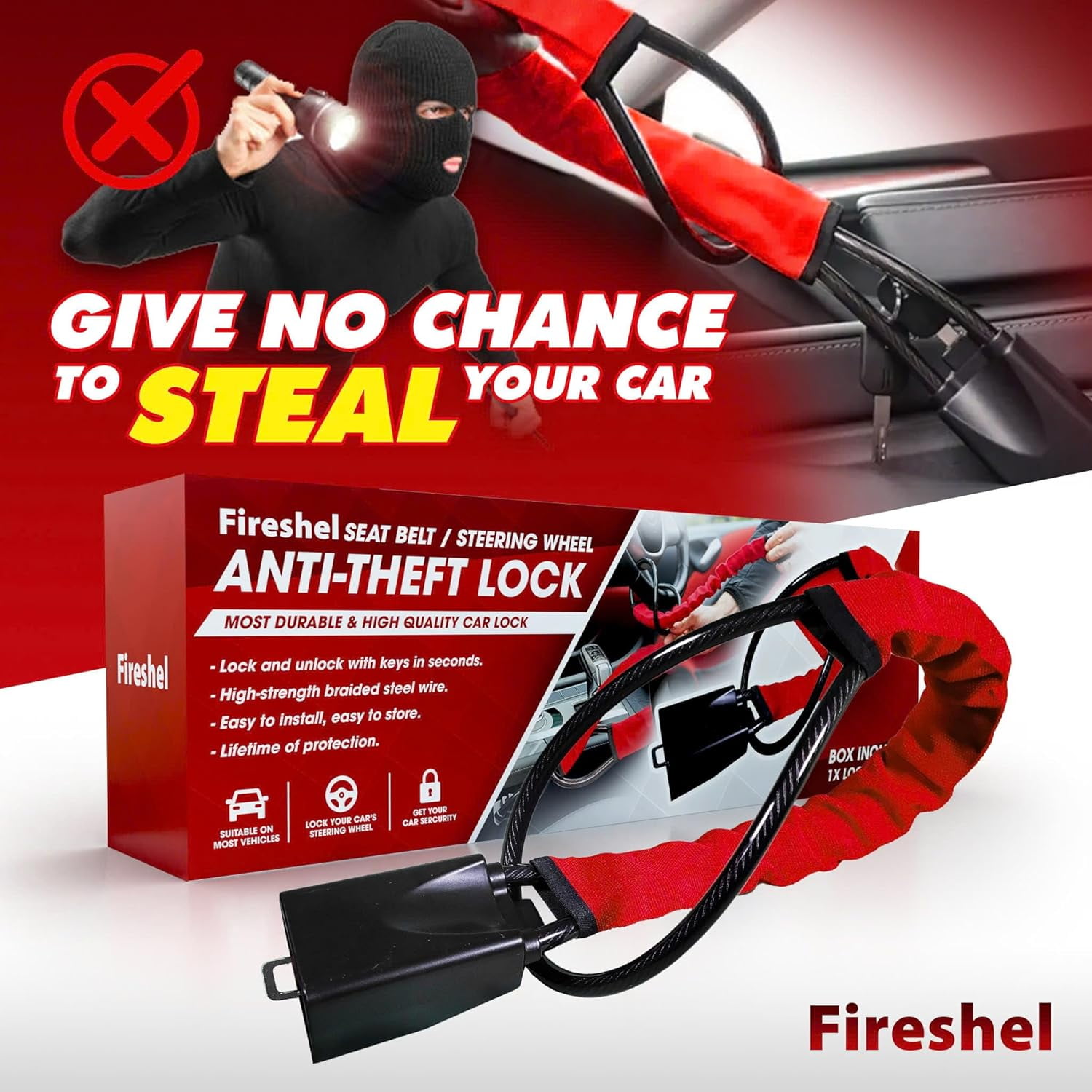 Universal Steering Wheel Steel Wire Lock – Heavy-Duty Anti-Theft Car Lock, 5mm Thick & Durable Security Device for Cars, SUVs, and Trucks, Easy to Use with High-Strength Steel Cable