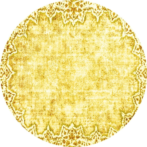 Ahgly Company Machine Washable Indoor Round Abstract Yellow Modern Area Rugs, 7' Round