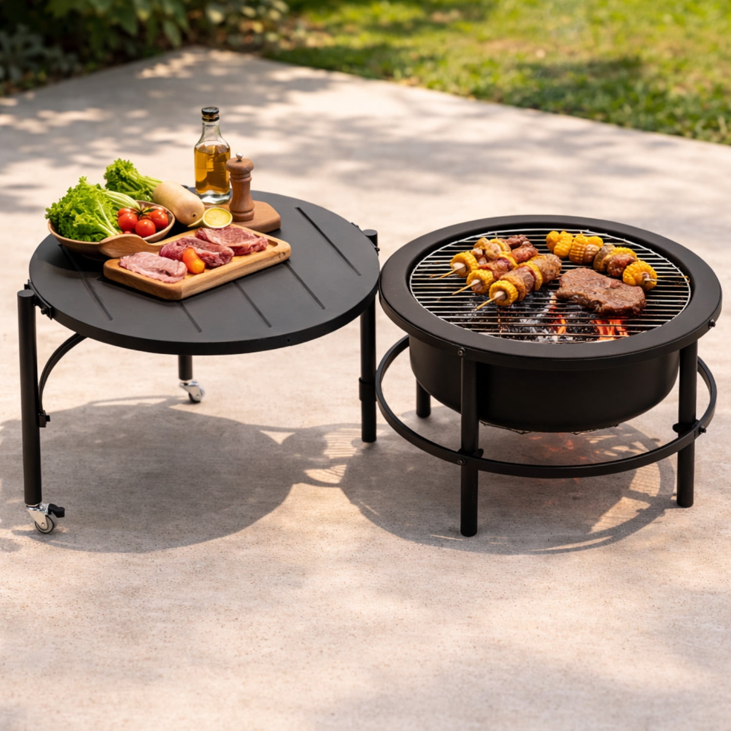 Large Wood Burning Fire Pit with 28" Rotating Wheeled Side Table, 3-In-1 Outdoor Metal Firepit with Screen Lid, Grill and Basting Brush for BBQ Patio Backyard Garden