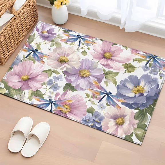 Spring Flowers Entryway Rug 2'x3' Non Slip Front Door Mats, Watercolor Floral Dragonflies Vintage Entrance Rugs Indoor Outdoor Carpet, Washable Floor Mats Small Area Rug for Bedroom Kitchen