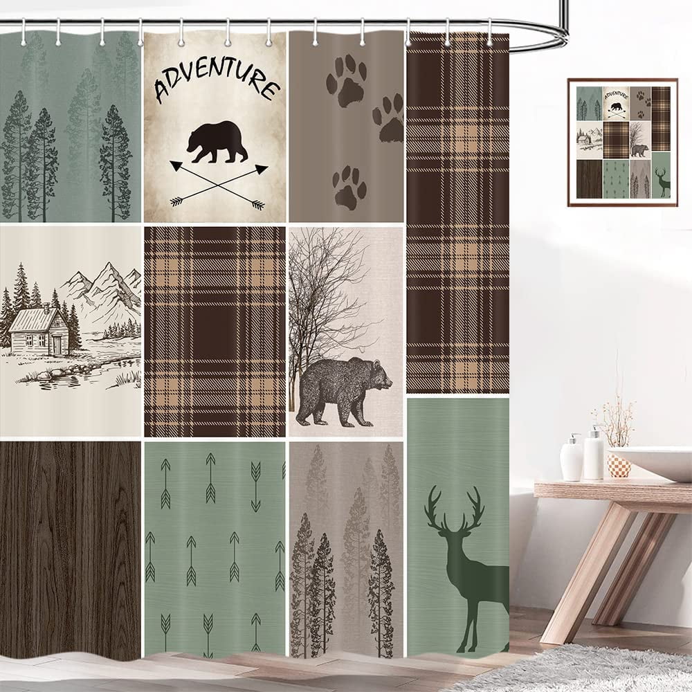 Cabin Retro Rustic Lodge Shower Curtain, Bear Deer Country Hunting Wild Animal Fabric Shower Curtains, Plaid Check Adventure Bathroom Curtain Liner with Hooks 69x84inches