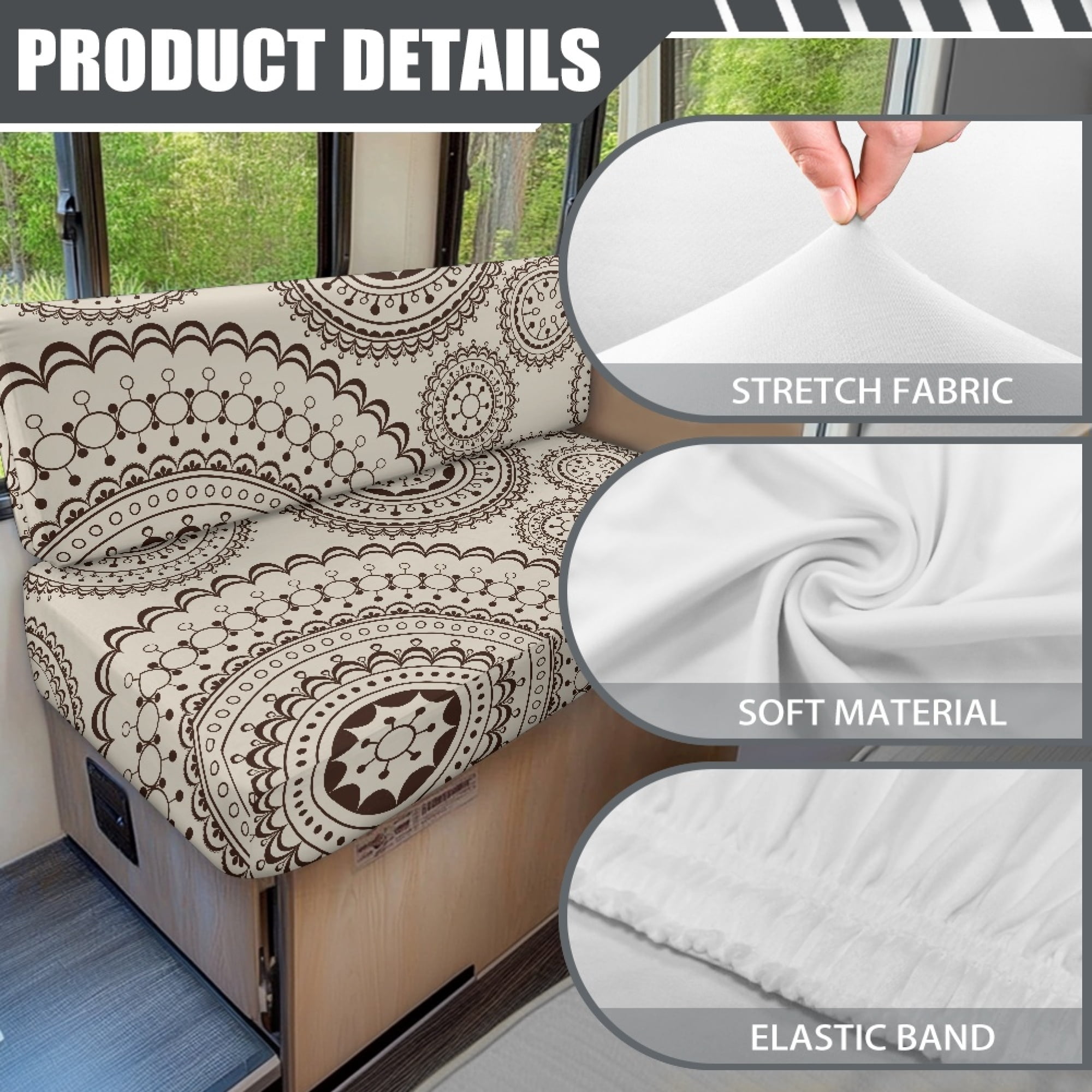 FOR U DESIGNS Boho Mandala Print 2 Pcs RV Dinette Cushion Covers Waterproof Camper Cushion Slipcover Stretch Sofa Furniture Protector Include1 Backrest Covers and 1 Bench Covers