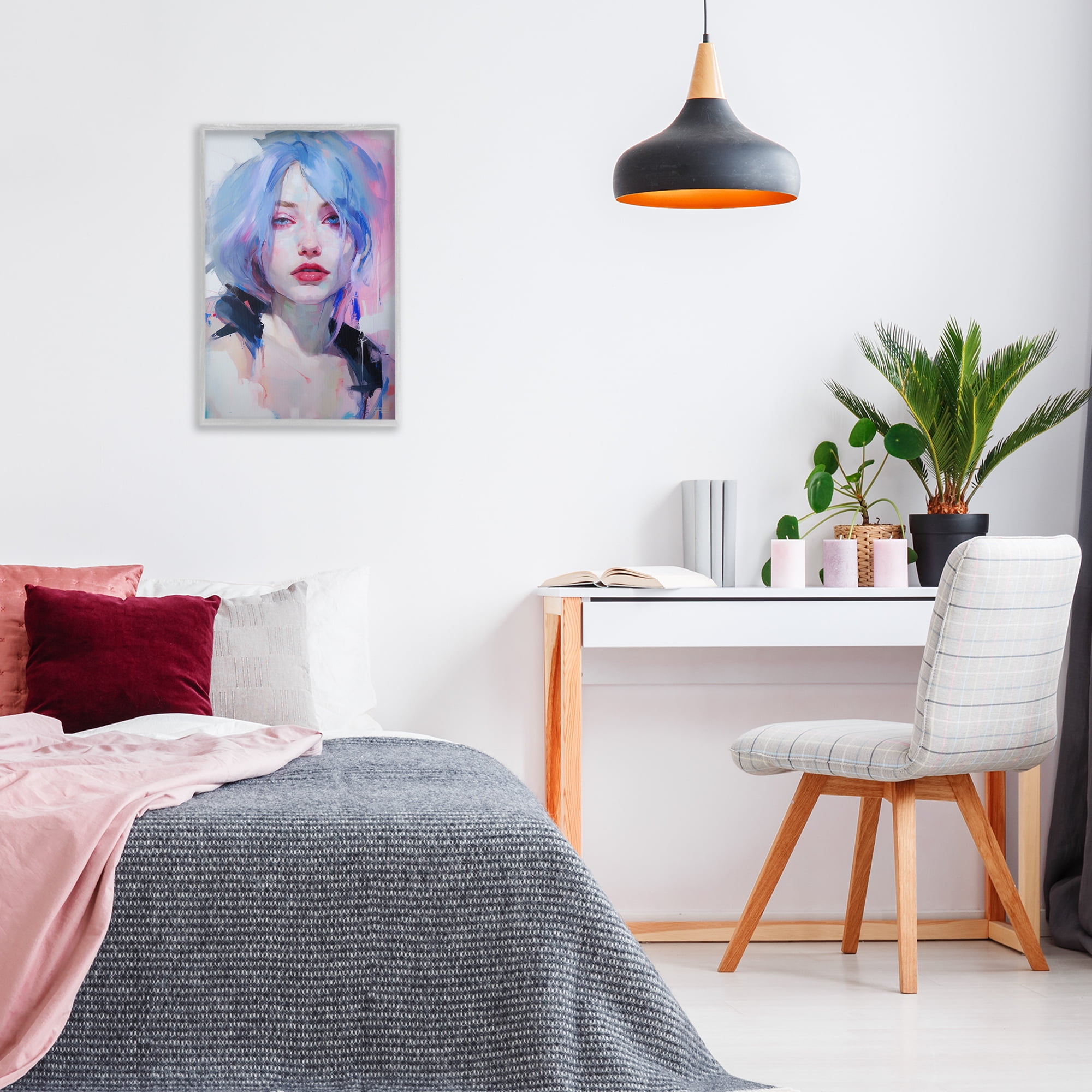 Stupell Industries Blue Haired Woman Visage Novelty Painting Gray Framed Art Print Wall Art, 16 x 24