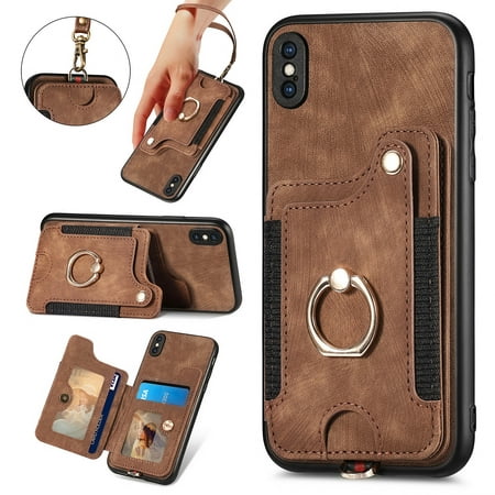 Wallet Case for iPhone X / XS, Ring Holder Kickstand Retro Premium Leather Credit Card Holder [ RFID Blocking ] Case with Wrist Strap Back Magnetic Clasp Flip For iPhone X / XS, Brown