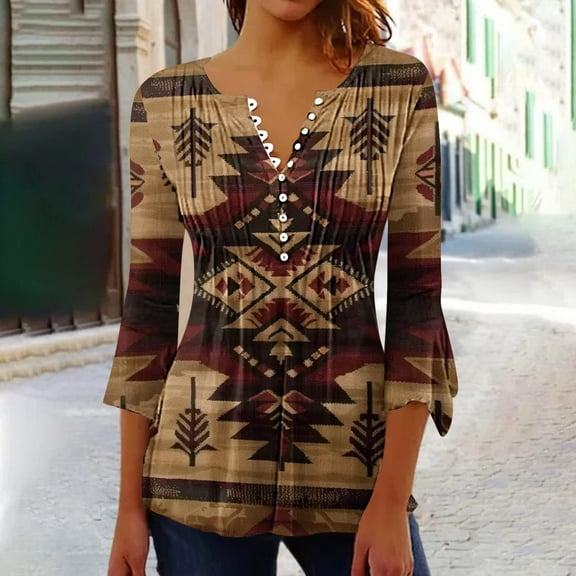 Blmnix Print Casual Blouses for Women V-Neck Tunics Blouses Loungewear 3/4 Sleeve T Shirts
