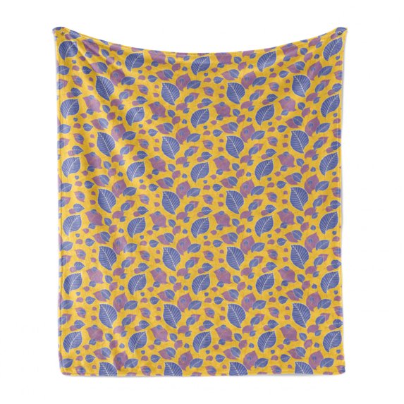 Botanic Soft Flannel Fleece Throw Blanket, Concept of Pastel Leaves Forest Branches Autumn Season Foliage Plants, Cozy Plush for Indoor and Outdoor Use, 50" x 70", Mustard and Ceil Blue, by Ambesonne