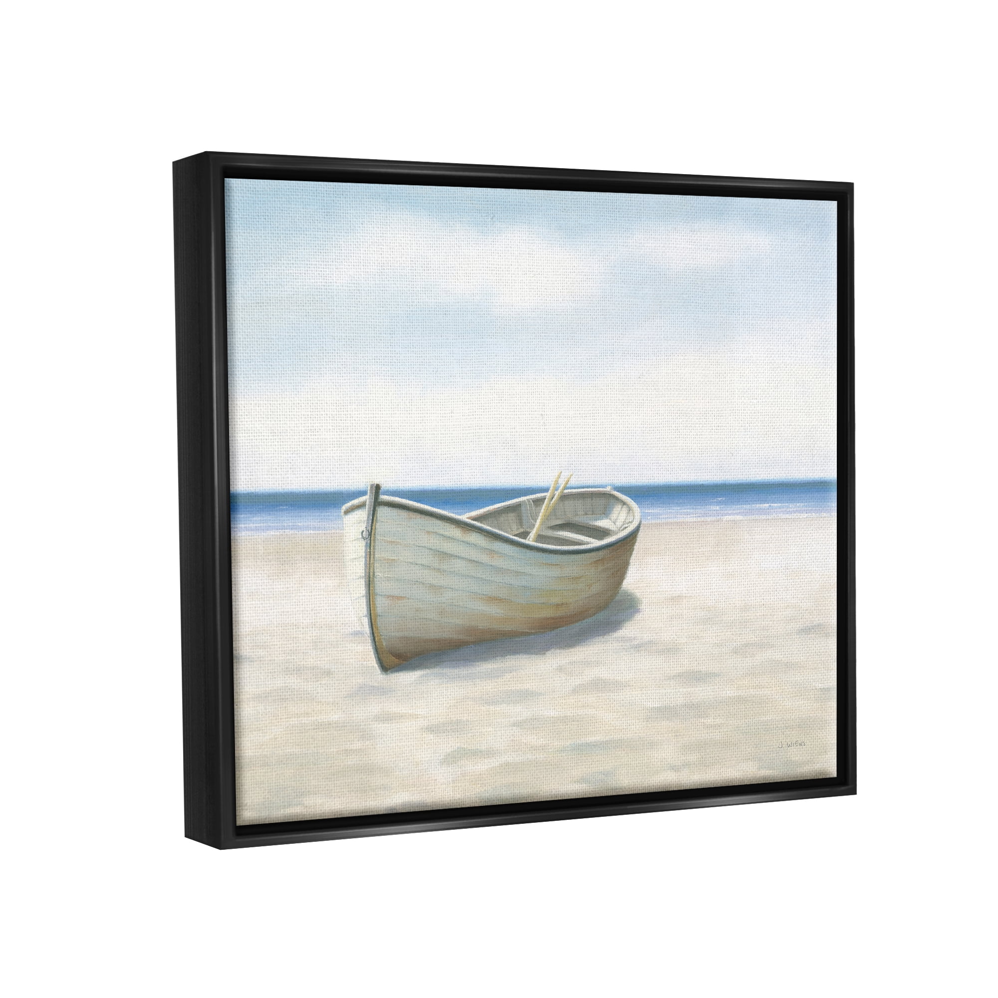 Stupell Industries Boat on Coast Painting Nature Painting Black Floater Framed Art Print Wall Art, 21 x 17