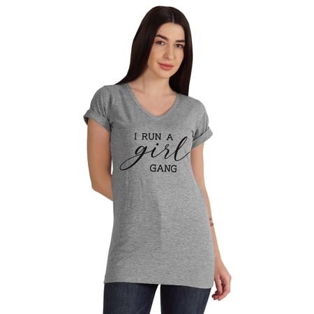 Inkmeso I Run A Girl Gang V-Neck Graphic T-shirt Mommy Life Mother Cotton Tee