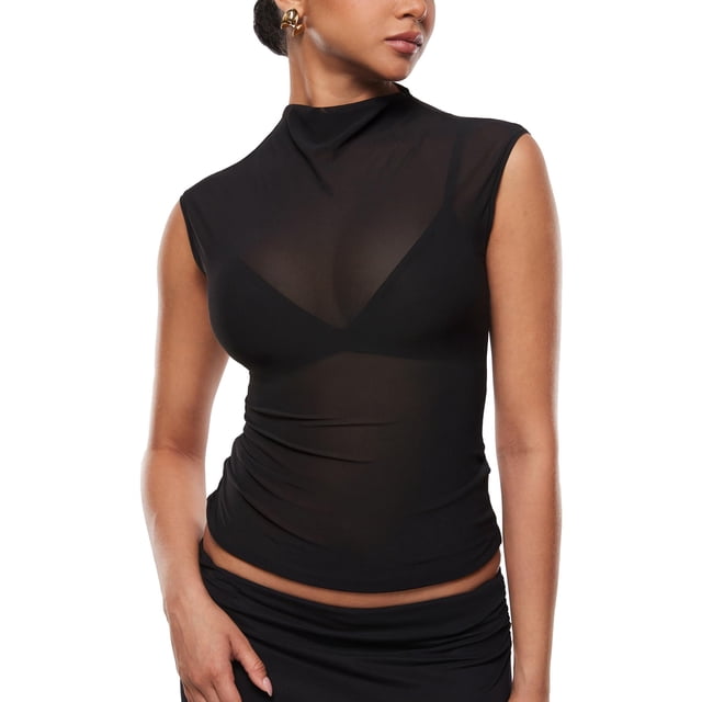 Remera INLYRIC Cosnufy de Malla Transparente con Cuello Simulado Negra M