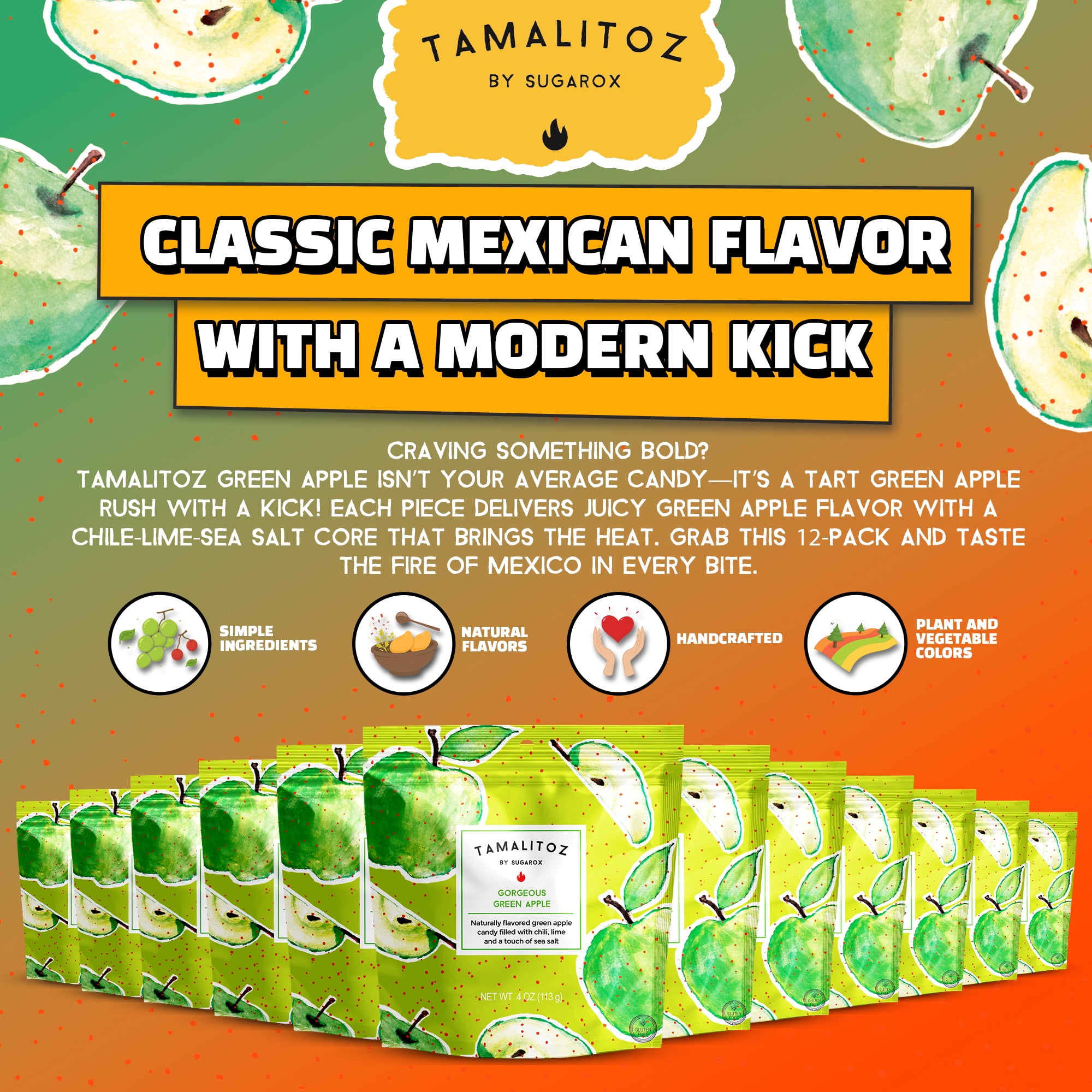 Tamalitoz Gorgeous Green Apple – Spicy Green Apple Mexican Hard Candy Filled with Chile, Lime & Sea Salt – Handcrafted Candy, Gluten-Free, Kosher, 12 Bags – 4oz Each