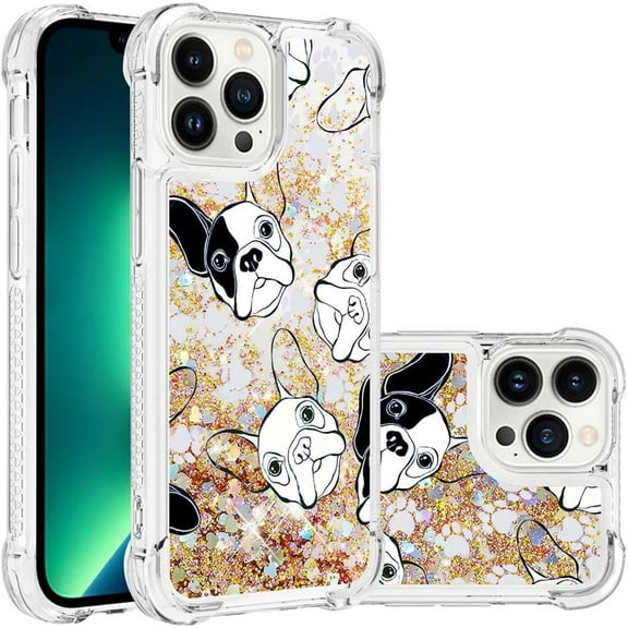 Compatible with iPhone 14 Pro Max Case Glitter for Girls Women Cute Liquid Floating Quicksand Shockproof Bumper Silicone Clear Case for iPhone 14 Pro Max 6.7 inch Gold Dog YB
