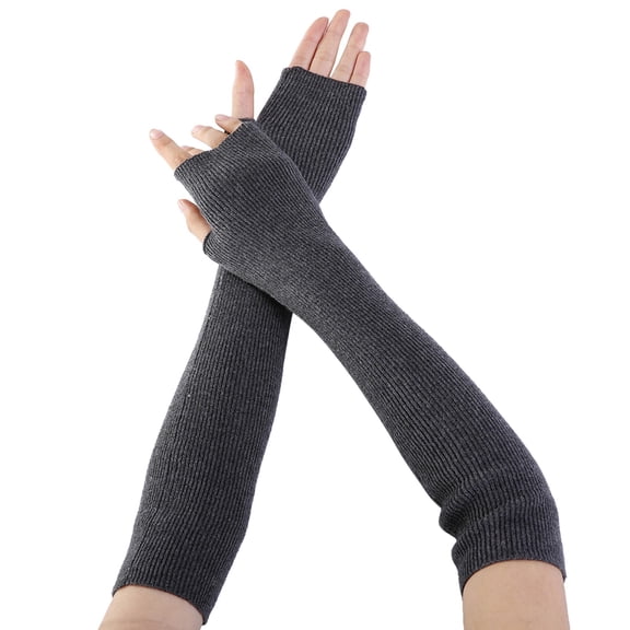 PMVFHDE Women's Long Fingerless Gloves Winter Warm Solid Color Gloves, Soft Knitted Arm Warmers Sleeves Dark Gray，One Size