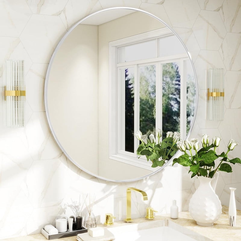 Gleamira 20" Round Wall Vanity Mirror Bathroom Mirror with Aluminum Alloy Frame, White