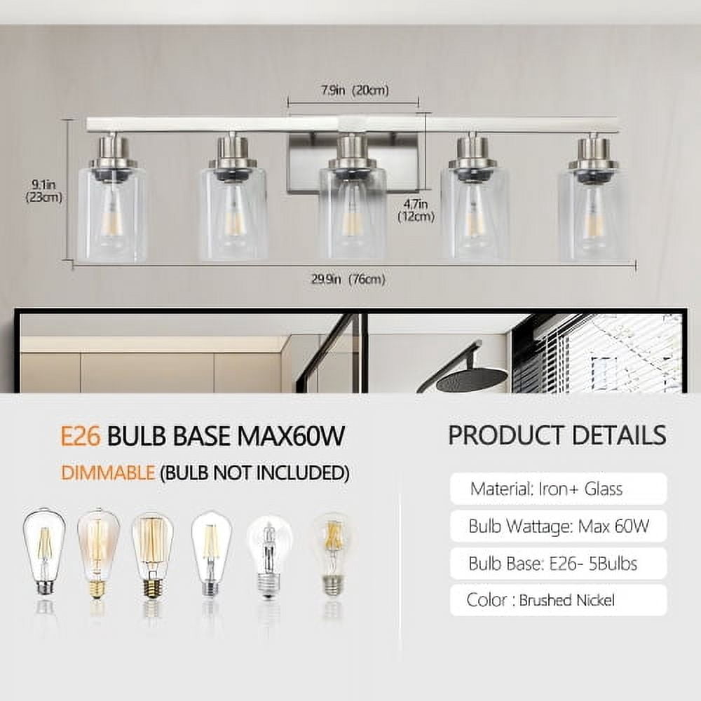 Hi-LIGHTS,Modern 5-Light Bathroom Vanity Light Fixture with Clear Glass Shades & Brushed Nickel Finish,Perfect for Bathroom,Dressing room,Living Room,Bedroom(Brushed Nickel)