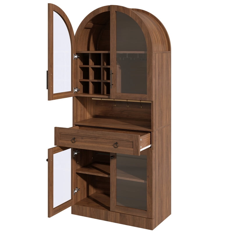 Mid-Century Bar Cabinet with Tempered Glass Doors & Drawer, Home Coffee Storage Cabinet with Hooks, Wine Racks & Glass Holders