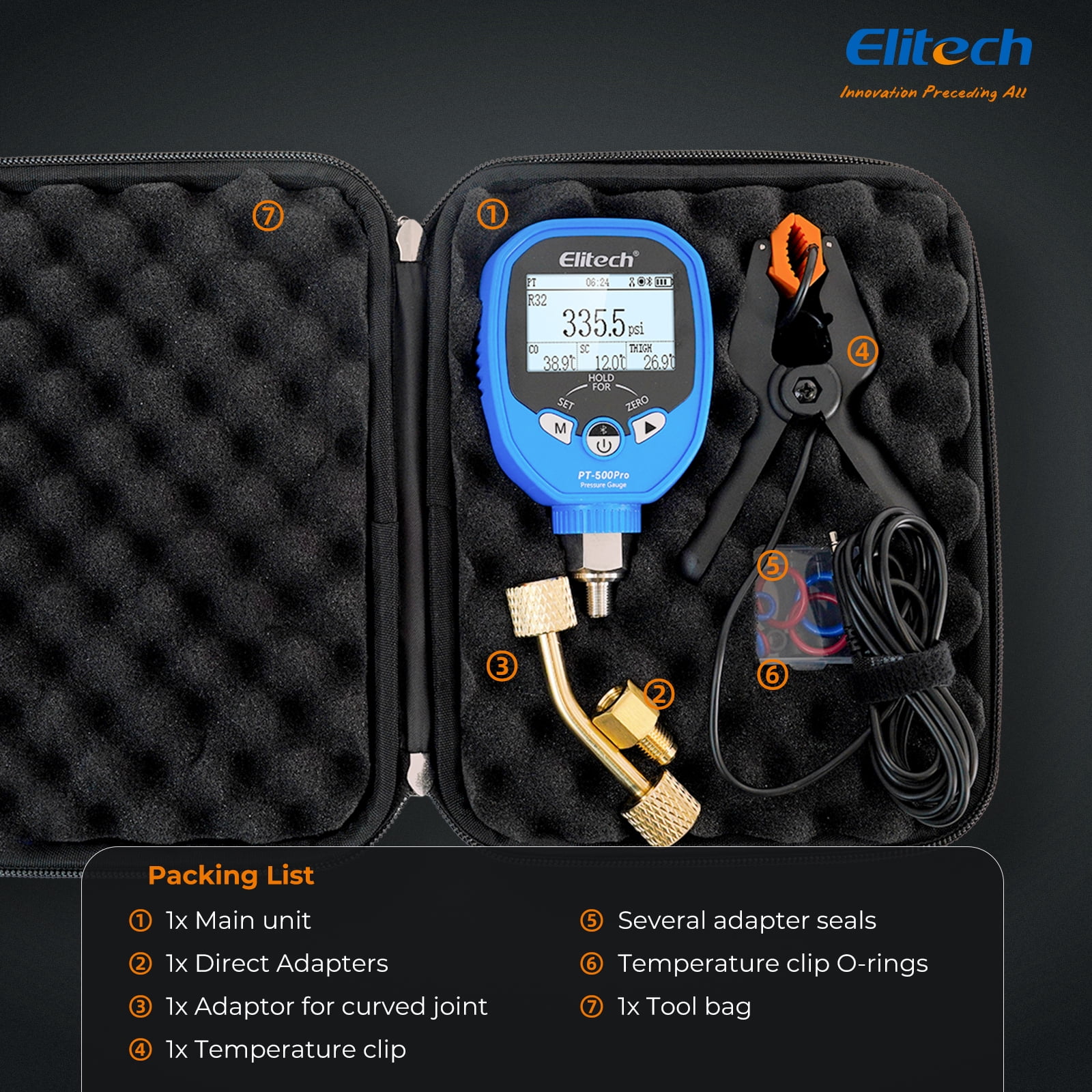 Elitech PT-500Pro Digital Pressure Gauge – HVAC Refrigeration Manifold Gauge with Bluetooth, Temperature Measurement, and Data Logging