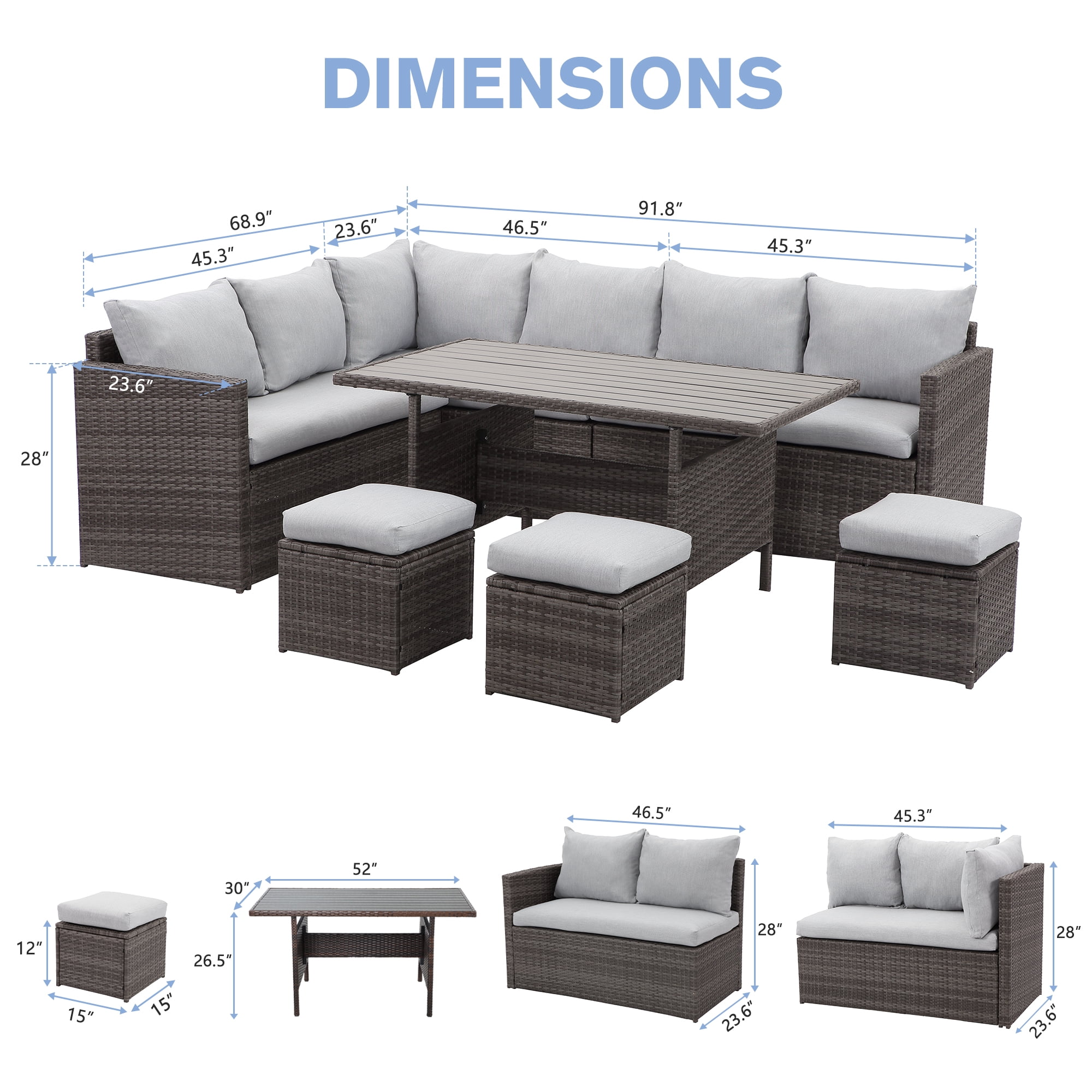 Heynemo 7-Piece Outdoor Patio Furniture Set, PE Rattan Sectional Sofa with Dining Table & Cushioned Ottomans