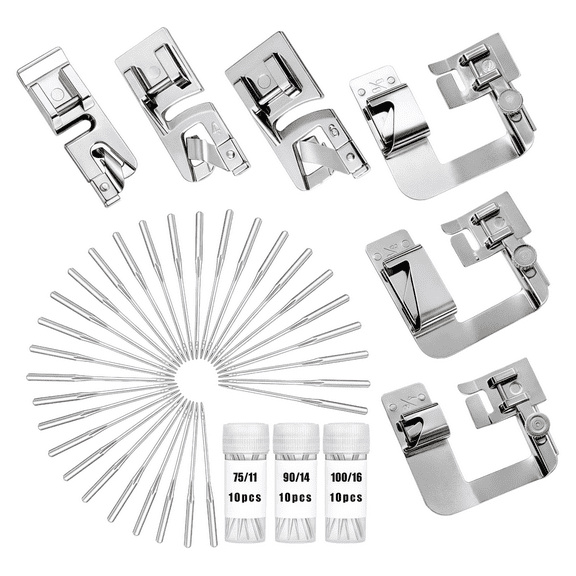 6 Pcs Sewing Machine Hem Presser Feet Kit and 30 Pcs Sewing Machine Needles, 3 Pcs Narrow   3 Pcs Wide Hem