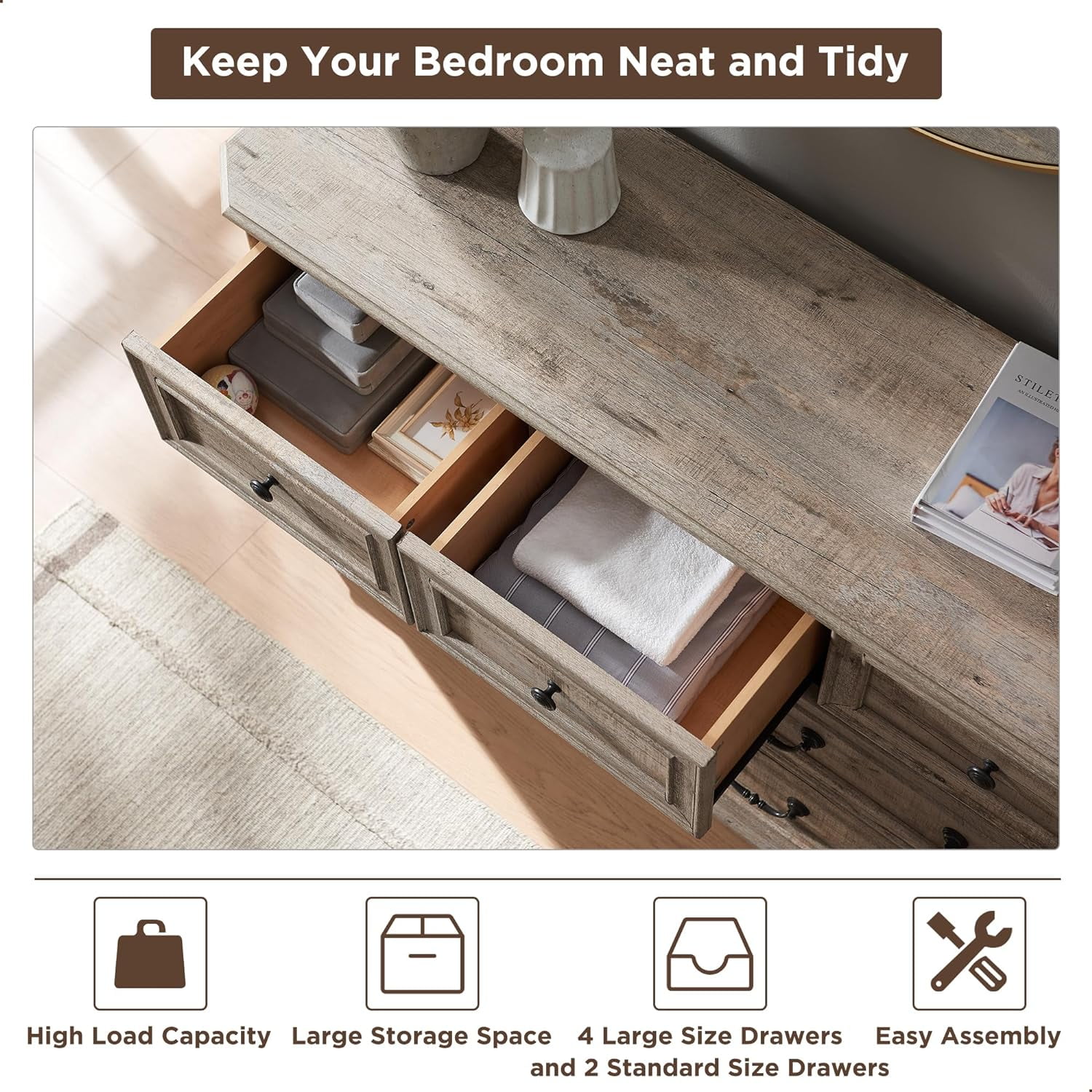 OKD Farmhouse 7 Drawers Dresser Chests for Bedroom, 54" Wide Wood Rustic Storage Cabinet for Living Room, Hallway, Light Rustic Oak