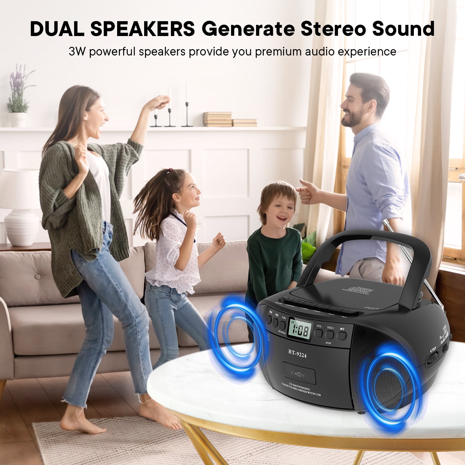 Boombox CD and Cassette Player,Casette Tape Recorder with Remote,AM FM Radio, USB Playback with Earphone Jack, 5.1V Bluetooth Speaker, Battery Operated or AC Powered for Home