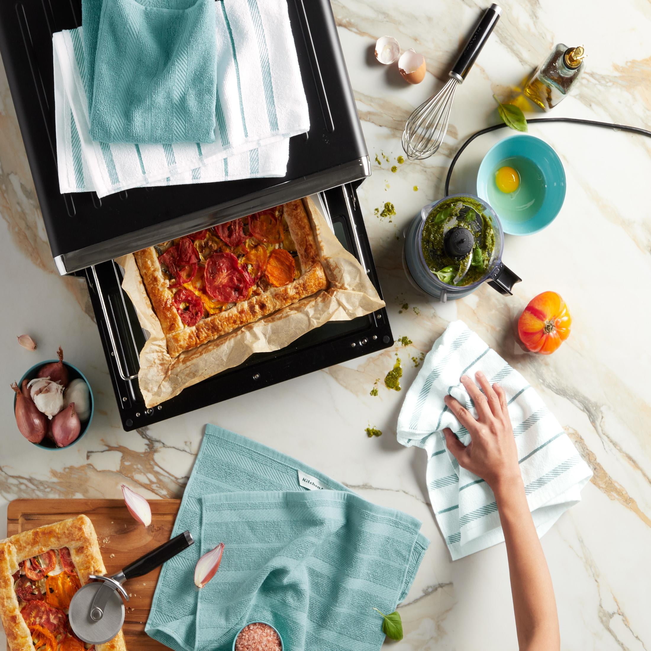 KitchenAid Albany Kitchen Towel 4-Pack Set, Light Aqua/White, 16"x26"