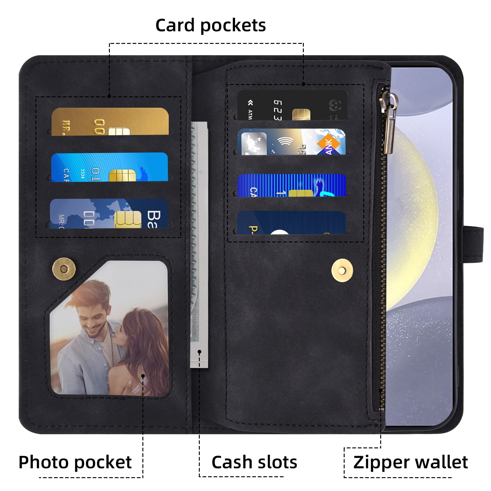 Asuwish Phone Case for Samsung Galaxy S24 Plus/S25 Plus S24+ S25+ 5G Wallet Cover With Screen Protector Flip Pattern Zipper Card Holder Cell S24Plus 24S + S 24 24+ S25Plus 25S 25+ SM-S936U Men Black