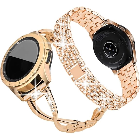Compatible for Samsung Galaxy watch 7/6/5/4 40mm 44mm/ Galaxy Watch FE 2024/Watch 3 41mm/ Watch 42mm/Active 2 Band, 2 Pack 20mm Women Jewelry Bling Metal Replacement Strap (Rose gold)