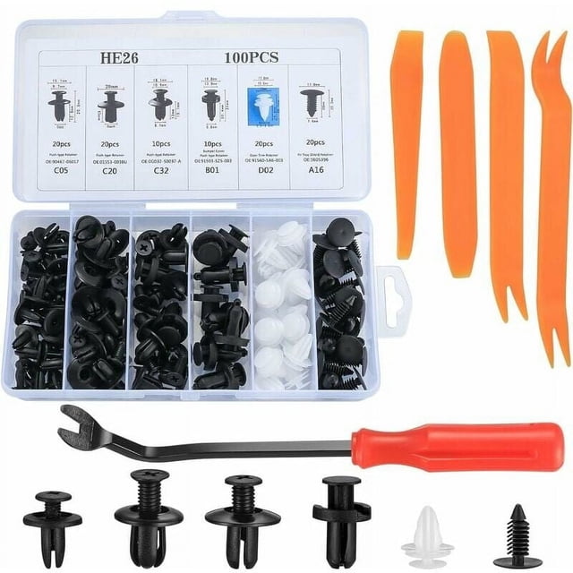 Juego de grapas de plástico para coche, remaches de sujeción, remaches de plástico de sujeción protectora, color negro, universal, para paneles de puertas de coches, con alicates de