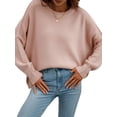 thumbnail image 3 of hirigin Women Autumn Loose Knitwear, Solid Color Long Sleeve Round Neck Slit Hem Elegant Sweater, 3 of 8