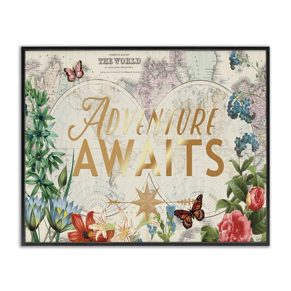 Stupell Industries Eclectic Adventure Awaits Floral Map Black Framed Giclee Art, 14 x 11, by Ophelia and Company