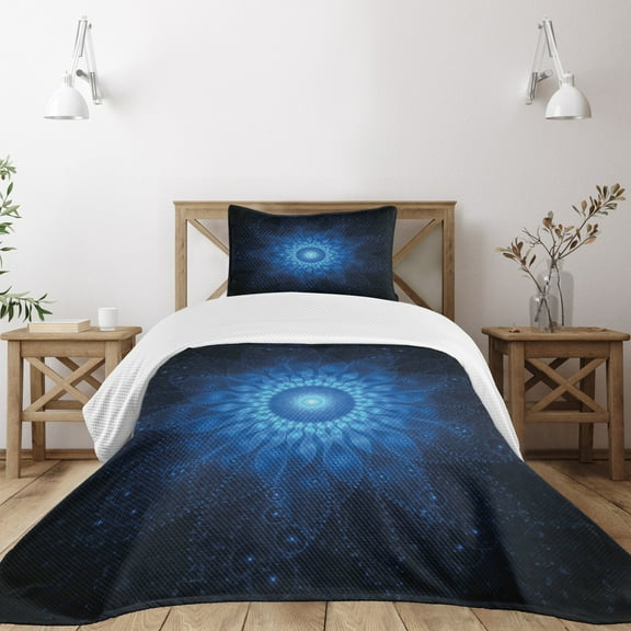 Ambesonne Dark Blue Quilted Bedspread Set 2 Pcs, Space Mandala Art, Twin Size, Blue
