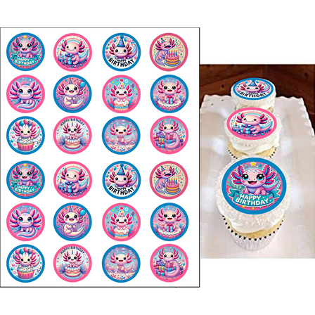 24 Edible Axolotl Cupcake Toppers – 1.5" Wafer Paper Party Decor