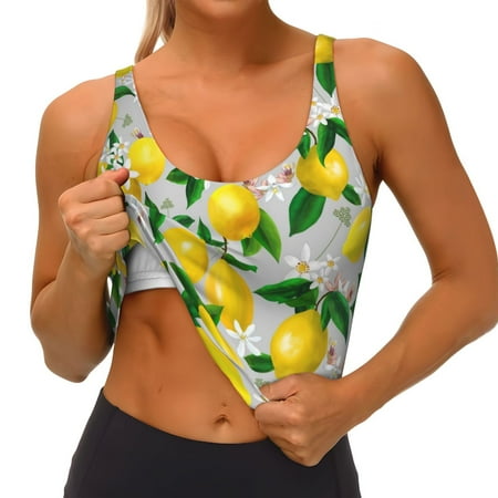 Goofa Lemon Seamless Pattern Oil Painting Effect Printed Sports Bras for Women  High Impact Running Bra Workout Crop Tank Tops Longline Sports Bra Push up-Large