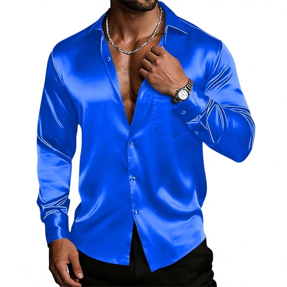 Men's Shiny Satin Dress Shirts Long Sleeve Button Down Silk Shirt Blue XXL