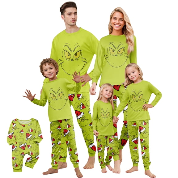 Family Christmas Pajamas Matching Sets Green Cartoon Face Graphic Printed Sleepwear for Couples, Men and Women