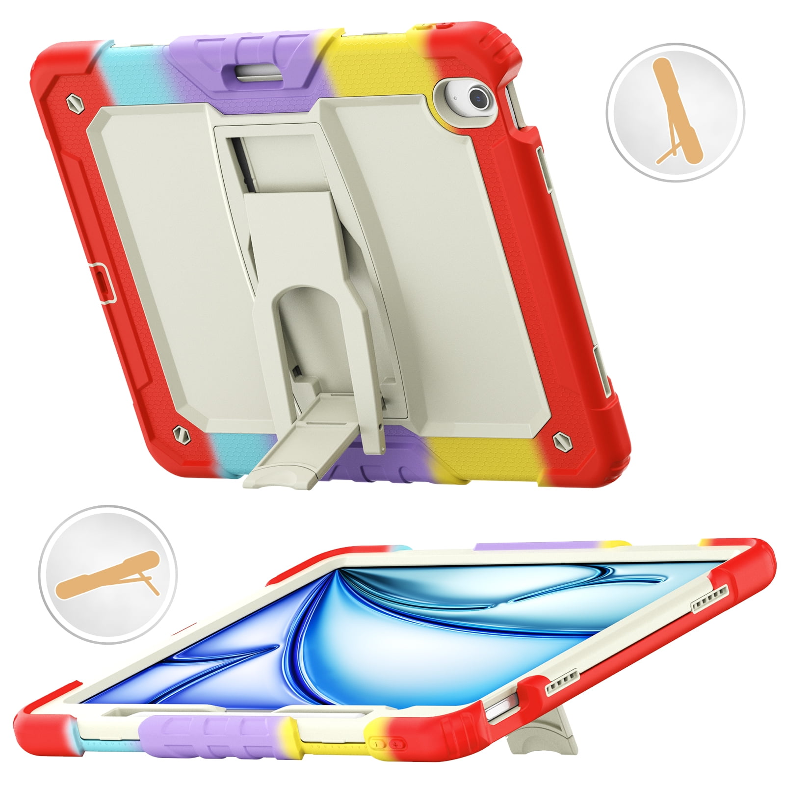 Rugged Case For Apple iPad Air 13 (2024) – 3-Layer Protection Shockproof Stand Cover with Screen Protector, Adjustable Stand, Shoulder Strap, & Pencil Holder -- Colorful Red