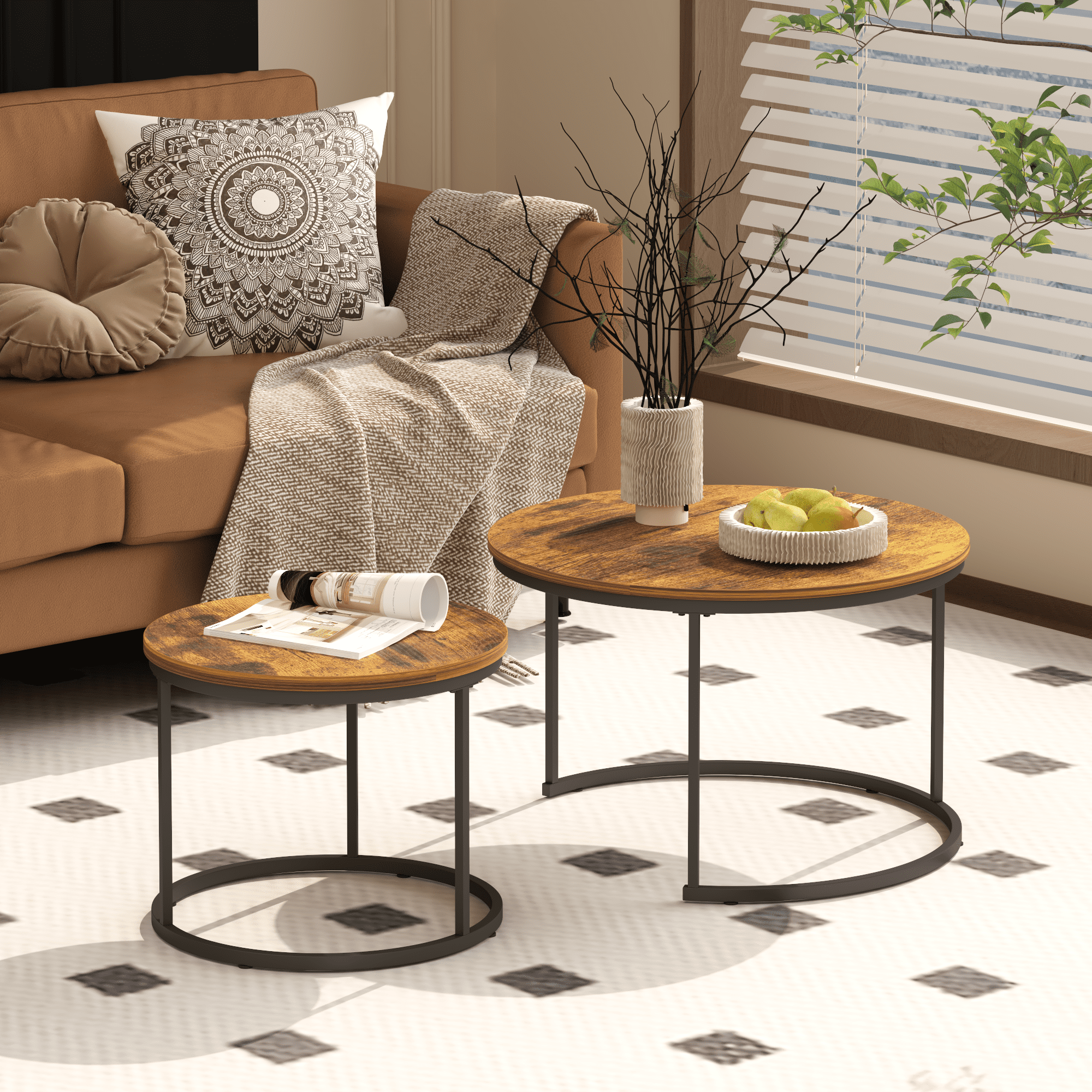 Nesting Coffee Table Set of 2, 27.6inch Round Coffee Table Industrial Wood Finish with Sturdy Metal Frame, End Table Side Tables for Living Room Bedroom Balcony Yard (Rustic Brown)